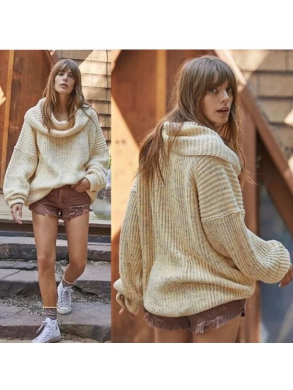 Free People Leo Sassy Peach Speckled Slouchy Turtleneck Oversized Sweater S